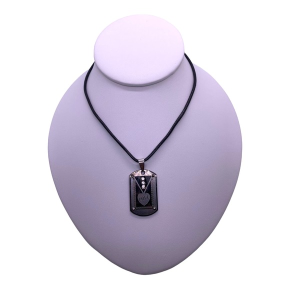 Faux Leather Chain BLACK Gun Metal Dog Tag Love Pendant Rhinestone Necklace - Picture 2 of 6